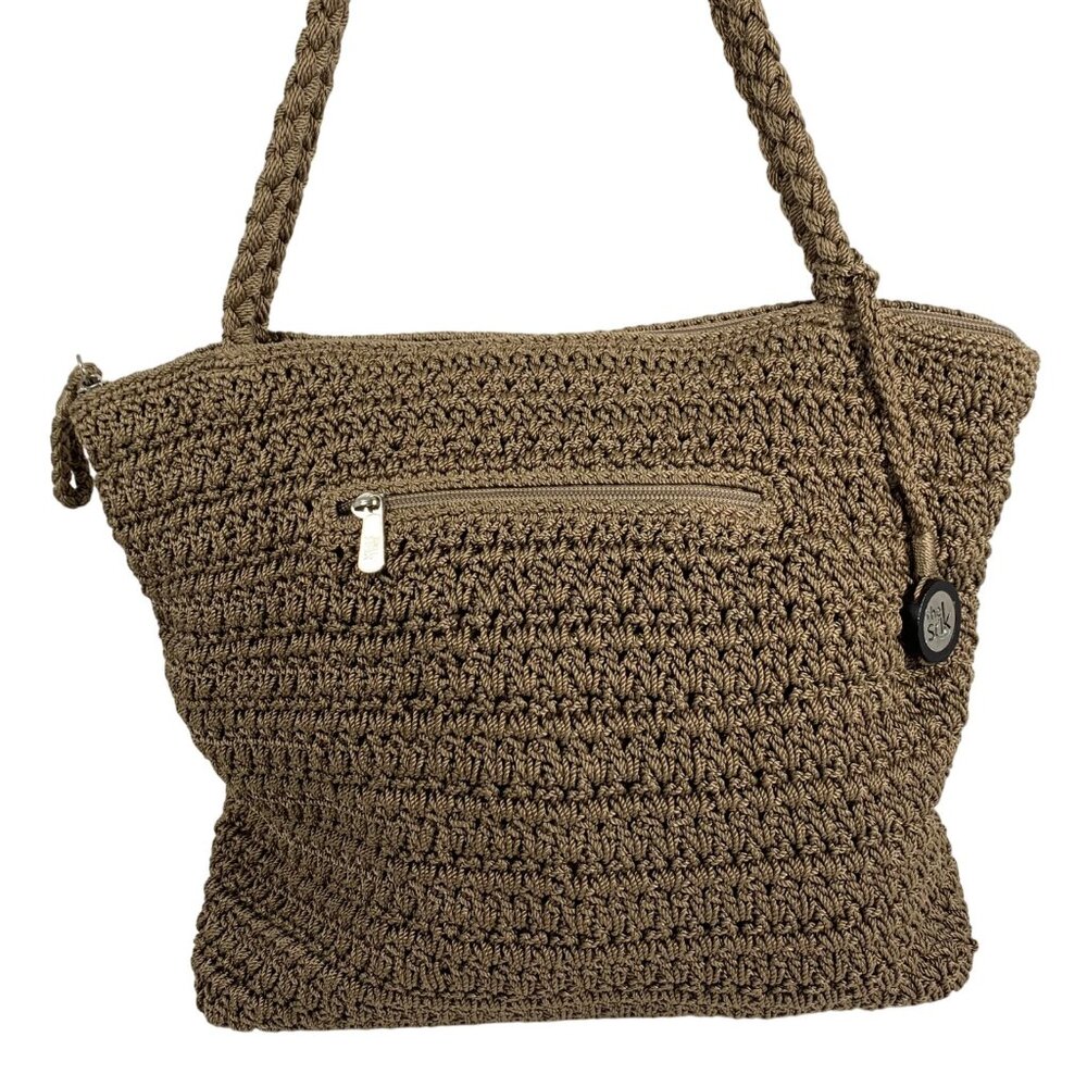 The SAK Beige Crochet Shoulder Bag Zipper Closure Inner Pockets Dividers EUC